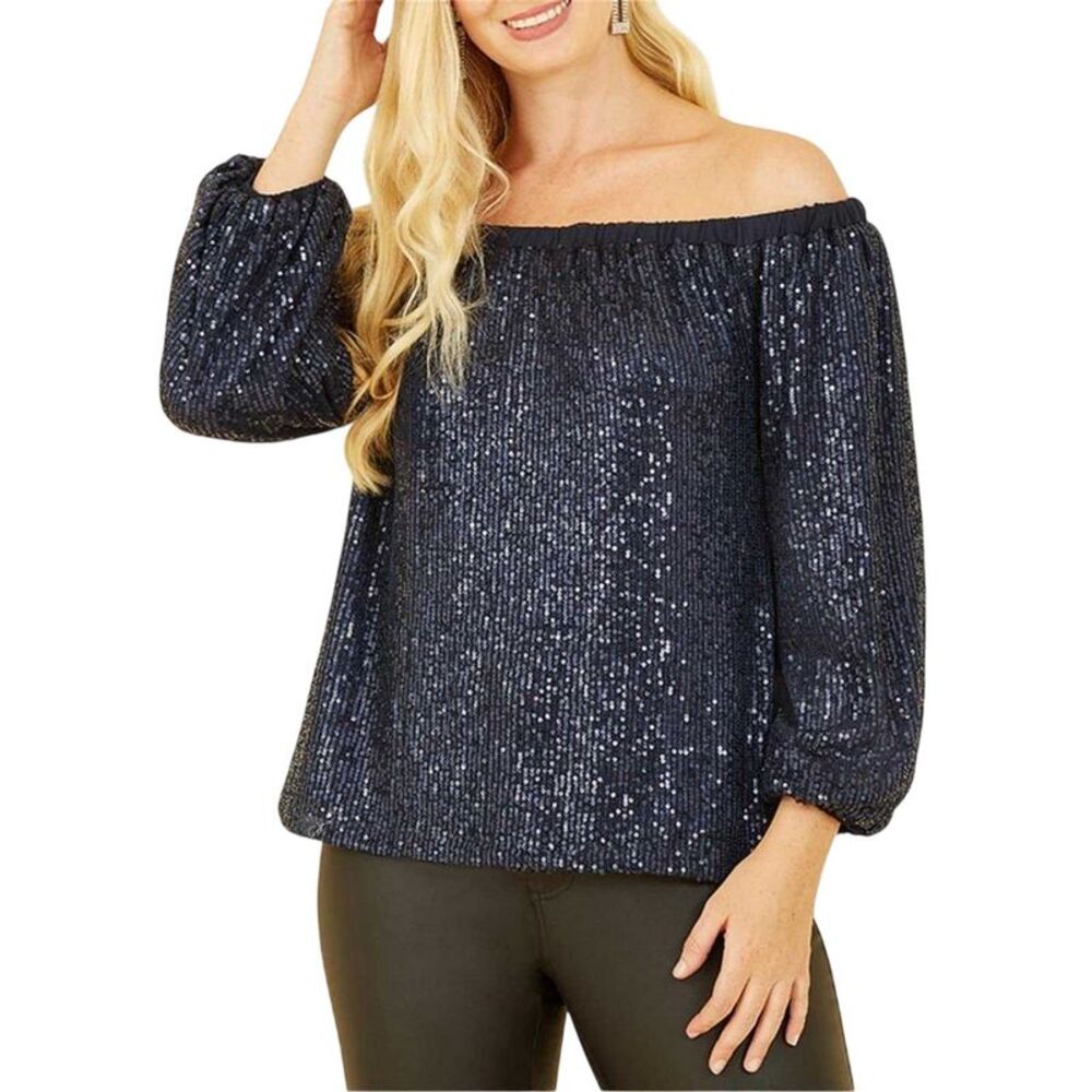 Yumi Womens/Ladies Sequin Off-the- Blouse / Navy